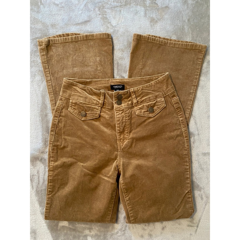Jones &‎ Co Pants Sz 4 Tan Corduroy Flare Mid Rise Front Flap Pocket Boho Hippie